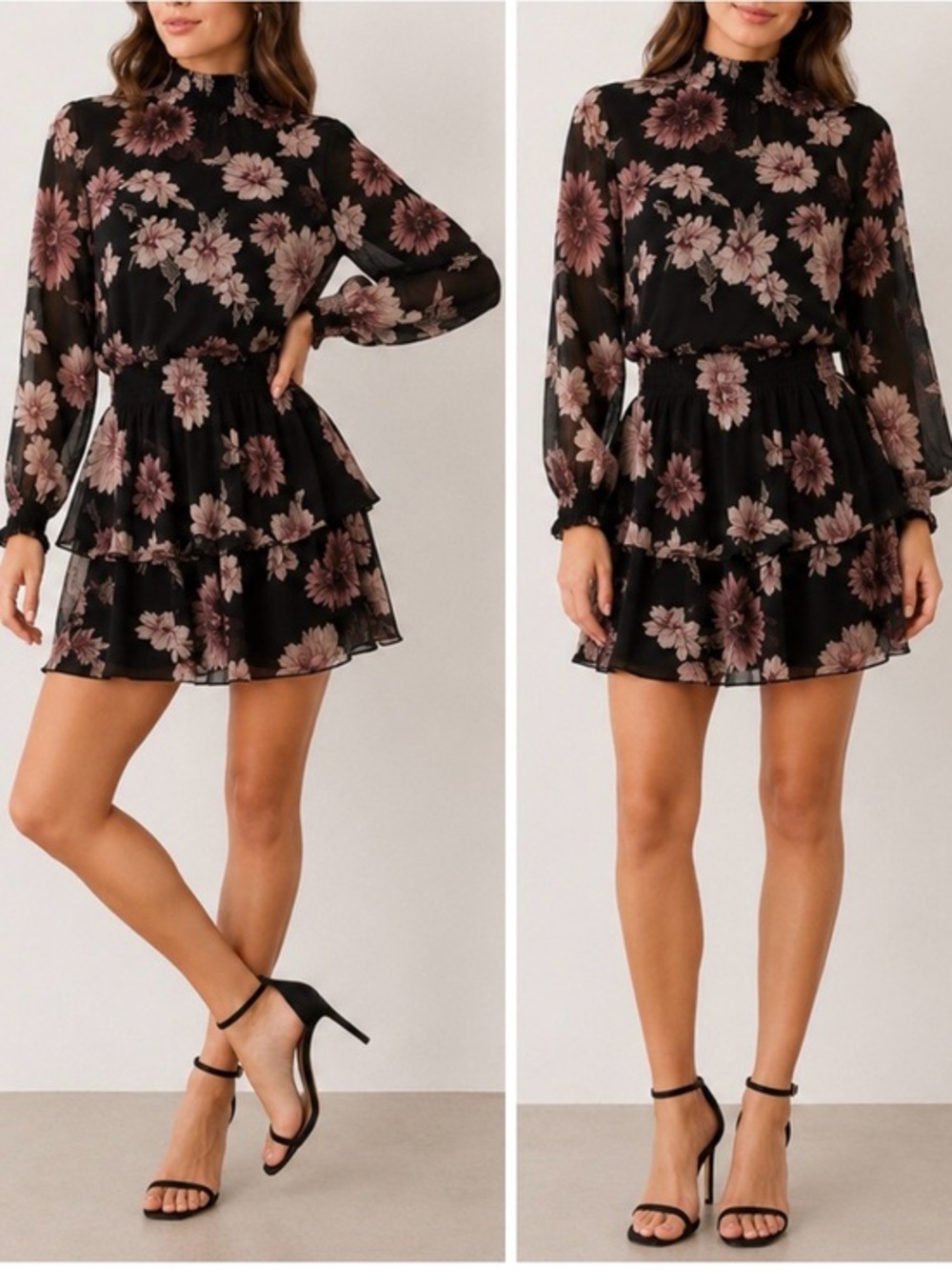 Yumi Kim Class Act Lilac Floral Long Sleeve Smocked Ruffle Romantic Mini Dress